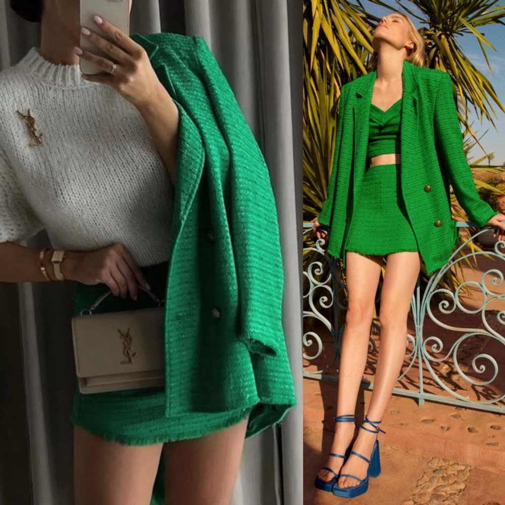 Zara Green Tweed Textured Double Breasted Blazer Bouclé Jacket Oversized Classic